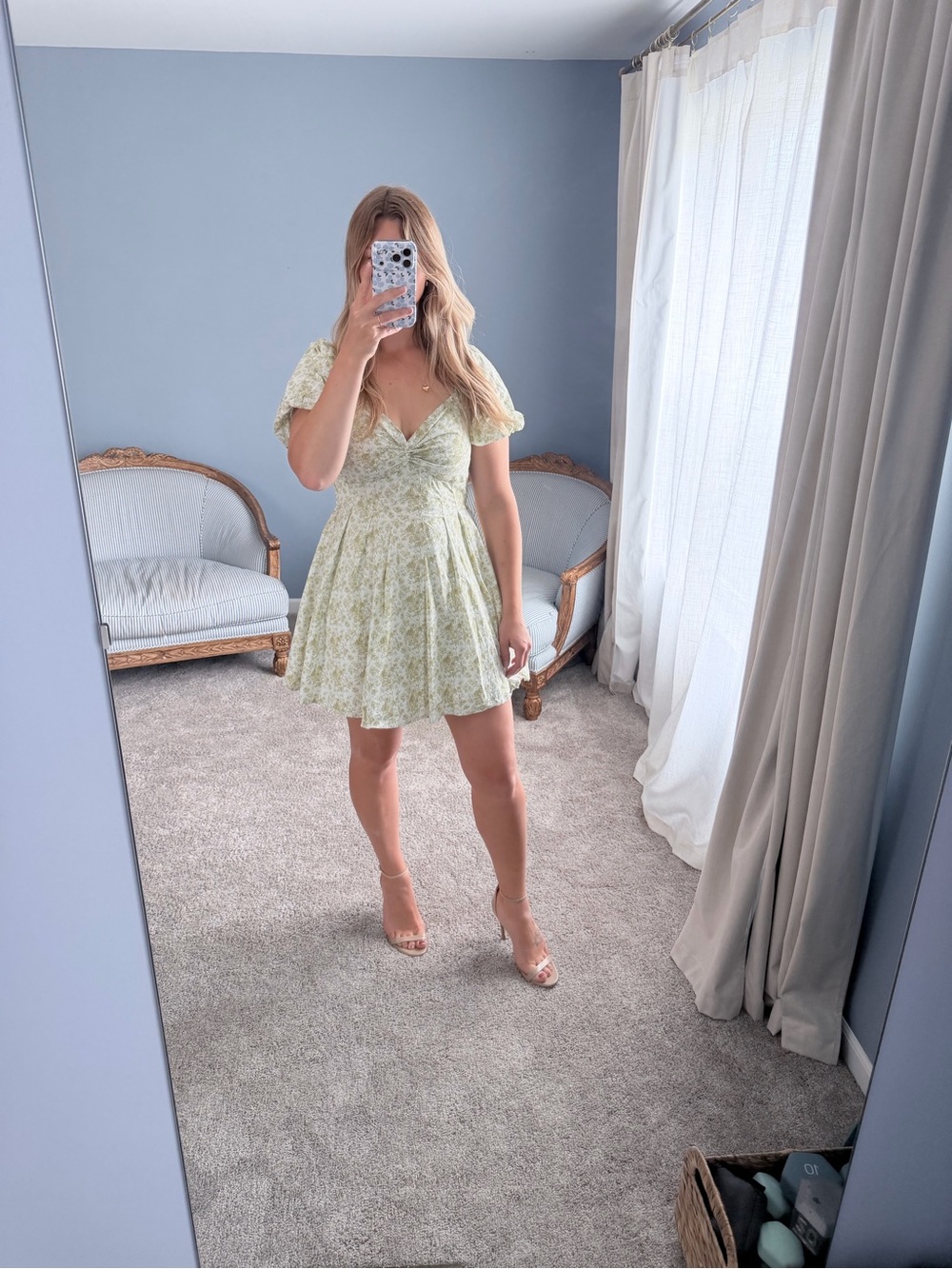 Floral Short Sleeve Mini Dress - Light Green
